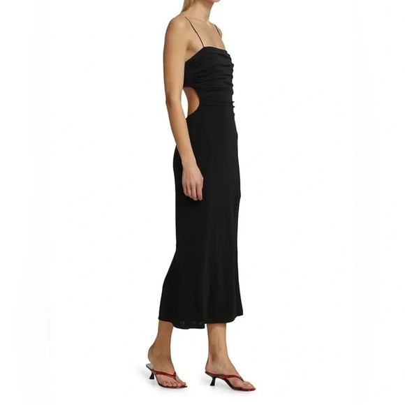 Cinq à Sept Mariah Back Cut-Out Ruched Slip Midi Dress 0 Black Front Slit Dressy - Picture 1 of 15